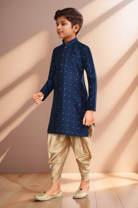 Buy_Petite Pomme_Blue Brocade, Silk Navy Woven Kurta And Gold Patiala Pant Set_Online_at_Aza_Fashions