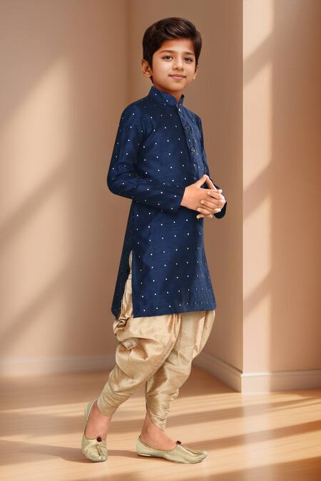 Shop_Petite Pomme_Blue Brocade, Silk Navy Woven Kurta And Gold Patiala Pant Set_Online_at_Aza_Fashions