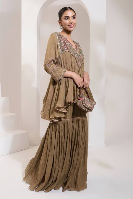 Saahiil Kapoor Gold Cotton, , Chanderi Sequins, Beads, Aafra Choga Kurta With Gharara Online at Aza Fashions Saahiil Kapoor_Gold Cotton, , Chanderi Sequins, Beads, Aafra Choga Kurta With Gharara _Online_at_Aza_Fashions