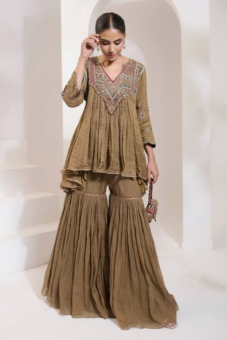 Buy Saahiil Kapoor Gold Cotton, , Chanderi Sequins, Beads, Aafra Choga Kurta With Gharara Online at Aza Fashions Buy_Saahiil Kapoor_Gold Cotton, , Chanderi Sequins, Beads, Aafra Choga Kurta With Gharara _Online_at_Aza_Fashions