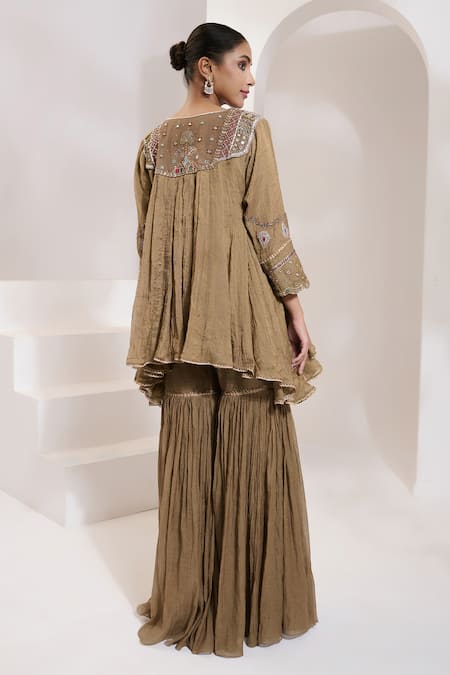 Shop Saahiil Kapoor Gold Cotton, , Chanderi Sequins, Beads, Aafra Choga Kurta With Gharara at Aza Fashions Shop_Saahiil Kapoor_Gold Cotton, , Chanderi Sequins, Beads, Aafra Choga Kurta With Gharara _at_Aza_Fashions