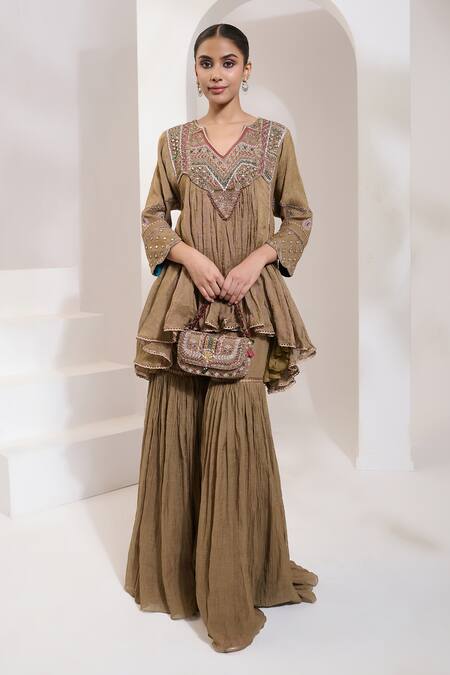 Shop Saahiil Kapoor Gold Cotton, , Chanderi Sequins, Beads, Aafra Choga Kurta With Gharara Online at Aza Fashions Shop_Saahiil Kapoor_Gold Cotton, , Chanderi Sequins, Beads, Aafra Choga Kurta With Gharara _Online_at_Aza_Fashions