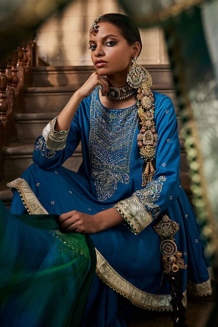 Saahiil Kapoor Blue Chanderi , Organza, Tussar Zari, Aiza Short Anarkali Gharara Set Online at Aza Fashions Saahiil Kapoor_Blue Chanderi , Organza, Tussar Zari, Aiza Short Anarkali Gharara Set _Online_at_Aza_Fashions