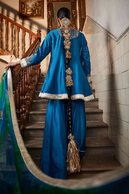 Shop Saahiil Kapoor Blue Chanderi , Organza, Tussar Zari, Aiza Short Anarkali Gharara Set at Aza Fashions Shop_Saahiil Kapoor_Blue Chanderi , Organza, Tussar Zari, Aiza Short Anarkali Gharara Set _at_Aza_Fashions