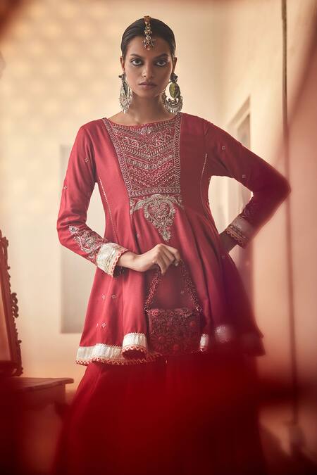 Saahiil Kapoor Red Chanderi , Organza, Tussar Aiza Zardozi Short Anarkali Gharara Set Online at Aza Fashions Saahiil Kapoor_Red Chanderi , Organza, Tussar Aiza Zardozi Short Anarkali Gharara Set _Online_at_Aza_Fashions