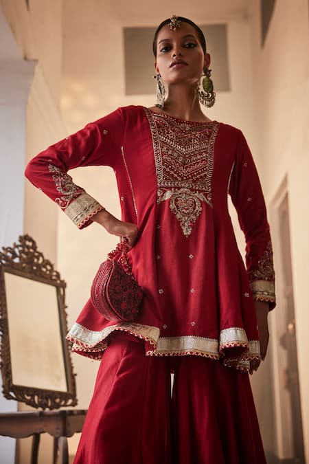 Shop Saahiil Kapoor Red Chanderi , Organza, Tussar Aiza Zardozi Short Anarkali Gharara Set at Aza Fashions Shop_Saahiil Kapoor_Red Chanderi , Organza, Tussar Aiza Zardozi Short Anarkali Gharara Set _at_Aza_Fashions