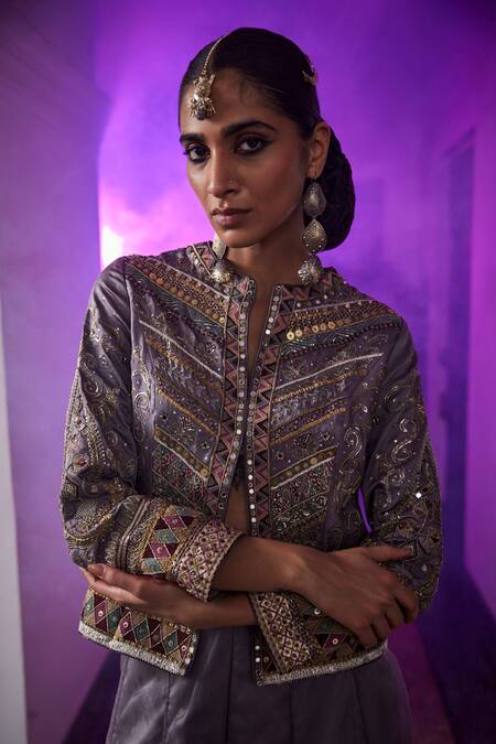 Saahiil Kapoor Grey Linen, Organza Mirrors, Sequins, Alaia Resham Embroidered Jacket With Pant Online at Aza Fashions Saahiil Kapoor_Grey Linen, Organza Mirrors, Sequins, Alaia Resham Embroidered Jacket With Pant _Online_at_Aza_Fashions