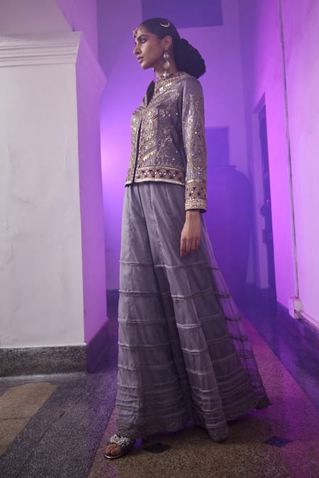 Shop Saahiil Kapoor Grey Linen, Organza Mirrors, Sequins, Alaia Resham Embroidered Jacket With Pant at Aza Fashions Shop_Saahiil Kapoor_Grey Linen, Organza Mirrors, Sequins, Alaia Resham Embroidered Jacket With Pant _at_Aza_Fashions