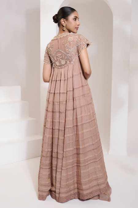 Shop Saahiil Kapoor Beige Chanderi Silk Sequins, Pearls, Zari Arya Floral Embroidered Cape Anarkali at Aza Fashions Shop_Saahiil Kapoor_Beige Chanderi Silk Sequins, Pearls, Zari Arya Floral Embroidered Cape Anarkali _at_Aza_Fashions