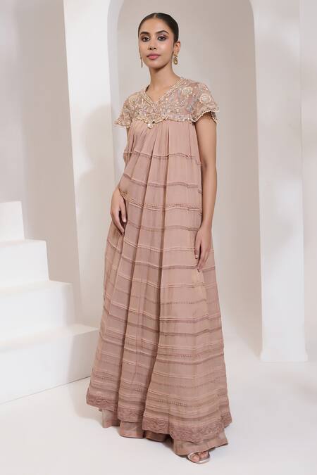 Saahiil Kapoor Beige Chanderi Silk Sequins, Pearls, Zari Arya Floral Embroidered Cape Anarkali Online at Aza Fashions Saahiil Kapoor_Beige Chanderi Silk Sequins, Pearls, Zari Arya Floral Embroidered Cape Anarkali _Online_at_Aza_Fashions