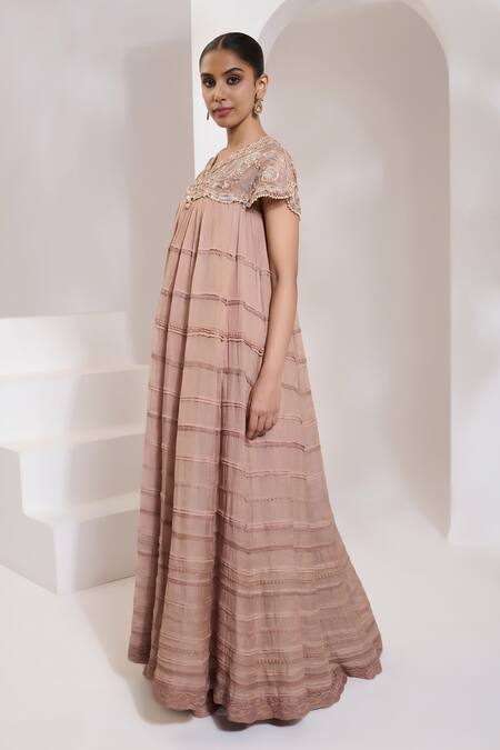 Buy Saahiil Kapoor Beige Chanderi Silk Sequins, Pearls, Zari Arya Floral Embroidered Cape Anarkali Online at Aza Fashions Buy_Saahiil Kapoor_Beige Chanderi Silk Sequins, Pearls, Zari Arya Floral Embroidered Cape Anarkali _Online_at_Aza_Fashions