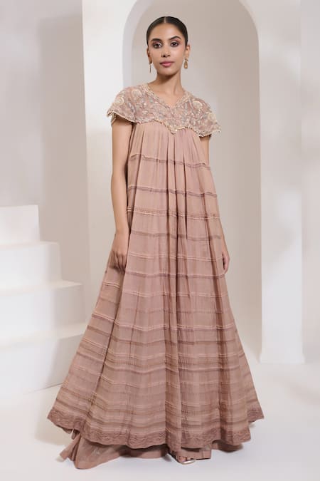 Saahiil Kapoor Beige Chanderi Silk Sequins, Pearls, Zari Arya Floral Embroidered Cape Anarkali