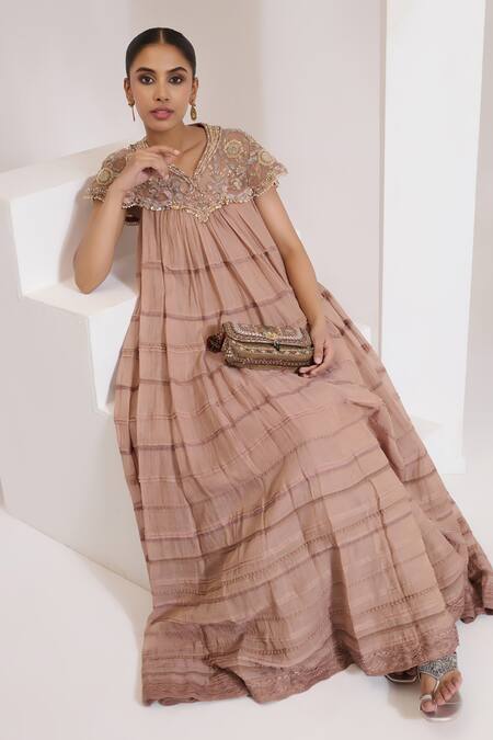 Saahiil Kapoor Beige Chanderi Silk Sequins, Pearls, Zari Arya Floral Embroidered Cape Anarkali at Aza Fashions Saahiil Kapoor_Beige Chanderi Silk Sequins, Pearls, Zari Arya Floral Embroidered Cape Anarkali _at_Aza_Fashions