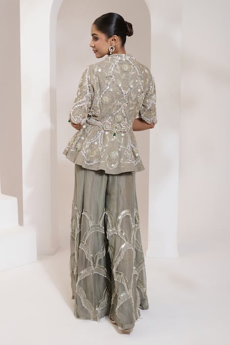 Shop Saahiil Kapoor Grey Organza Sequins, Beads, Pearls Collared Floriana Peplum Jacket With Gharara at Aza Fashions Shop_Saahiil Kapoor_Grey Organza Sequins, Beads, Pearls Collared Floriana Peplum Jacket With Gharara _at_Aza_Fashions