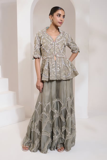 Saahiil Kapoor Grey Organza Sequins, Beads, Pearls Collared Floriana Peplum Jacket With Gharara