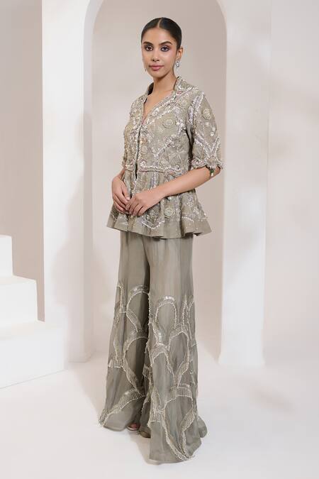 Shop Saahiil Kapoor Grey Organza Sequins, Beads, Pearls Collared Floriana Peplum Jacket With Gharara Online at Aza Fashions Shop_Saahiil Kapoor_Grey Organza Sequins, Beads, Pearls Collared Floriana Peplum Jacket With Gharara _Online_at_Aza_Fashions