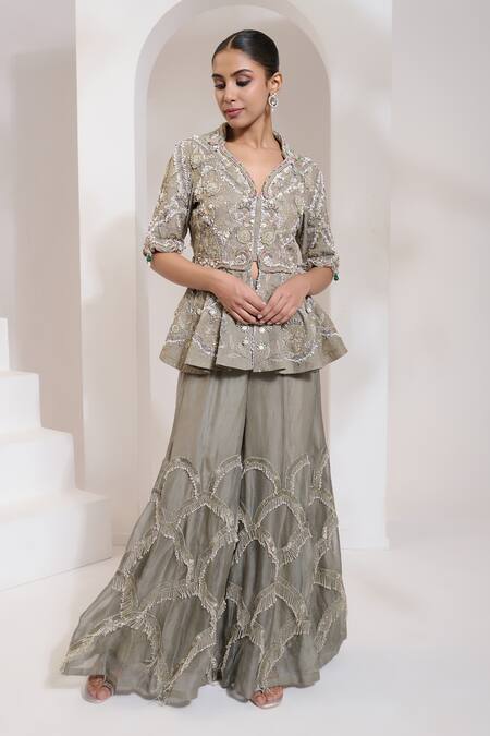 Saahiil Kapoor Grey Organza Sequins, Beads, Pearls Collared Floriana Peplum Jacket With Gharara at Aza Fashions Saahiil Kapoor_Grey Organza Sequins, Beads, Pearls Collared Floriana Peplum Jacket With Gharara _at_Aza_Fashions