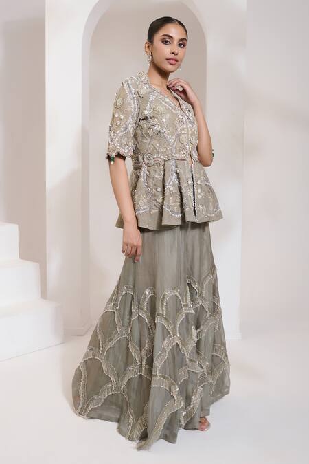 Buy Saahiil Kapoor Grey Organza Sequins, Beads, Pearls Collared Floriana Peplum Jacket With Gharara Buy_Saahiil Kapoor_Grey Organza Sequins, Beads, Pearls Collared Floriana Peplum Jacket With Gharara