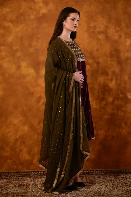 Shop Saahiil Kapoor Maroon Velvet, Organza Sequins, Zari, Embroidery Round Neck Gulnaaz Kurta Set Online at Aza Fashions Shop_Saahiil Kapoor_Maroon Velvet, Organza Sequins, Zari, Embroidery Round Neck Gulnaaz Kurta Set _Online_at_Aza_Fashions