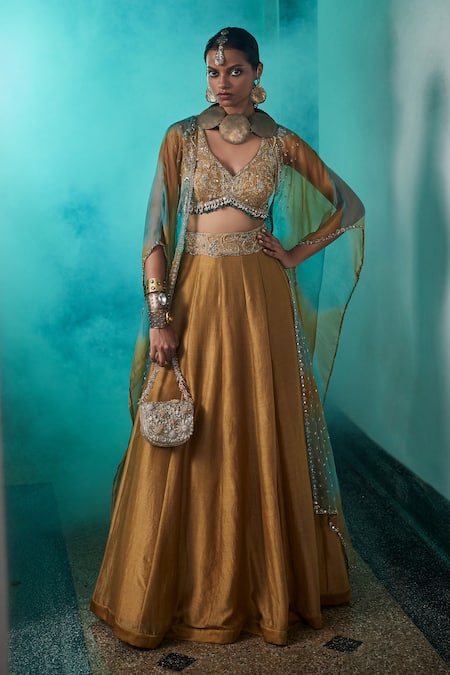 Saahiil Kapoor Gold Silk, Chanderi, Organza Sequins, Hasrat Dabka Embroidered Lehenga Cape Set