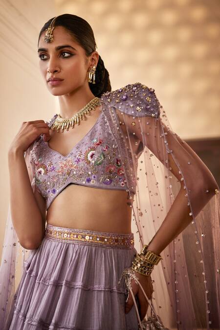 Shop Saahiil Kapoor Purple Linen, Satin, Chanderi Silk, Inara 3d Embroidered Cape Lehenga Set Online at Aza Fashions Shop_Saahiil Kapoor_Purple Linen, Satin, Chanderi Silk, Inara 3d Embroidered Cape Lehenga Set _Online_at_Aza_Fashions