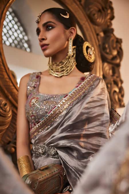 Saahiil Kapoor Grey Crepe, Tissue, Silk Sequins, Cut Work, Inaya Saree With Floral Blouse Online at Aza Fashions Saahiil Kapoor_Grey Crepe, Tissue, Silk Sequins, Cut Work, Inaya Saree With Floral Blouse _Online_at_Aza_Fashions