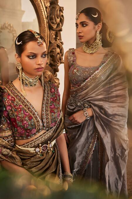 Buy Saahiil Kapoor Grey Crepe, Tissue, Silk Sequins, Cut Work, Inaya Saree With Floral Blouse Online at Aza Fashions Buy_Saahiil Kapoor_Grey Crepe, Tissue, Silk Sequins, Cut Work, Inaya Saree With Floral Blouse _Online_at_Aza_Fashions
