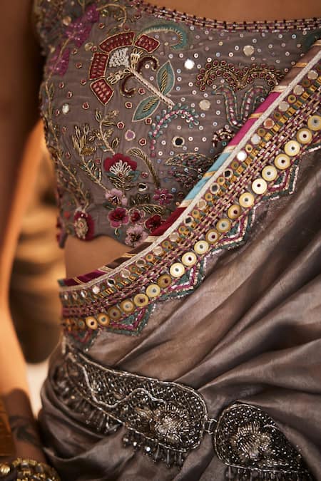 Shop Saahiil Kapoor Grey Crepe, Tissue, Silk Sequins, Cut Work, Inaya Saree With Floral Blouse Online at Aza Fashions Shop_Saahiil Kapoor_Grey Crepe, Tissue, Silk Sequins, Cut Work, Inaya Saree With Floral Blouse _Online_at_Aza_Fashions