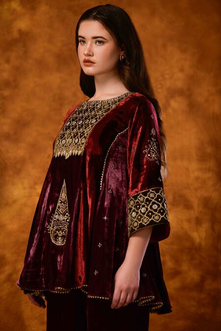 Buy Saahiil Kapoor Maroon Velvet, Organza Embroidery, Sequins, Pakeezah Zardozi Short Anarkali Set Online at Aza Fashions Buy_Saahiil Kapoor_Maroon Velvet, Organza Embroidery, Sequins, Pakeezah Zardozi Short Anarkali Set _Online_at_Aza_Fashions