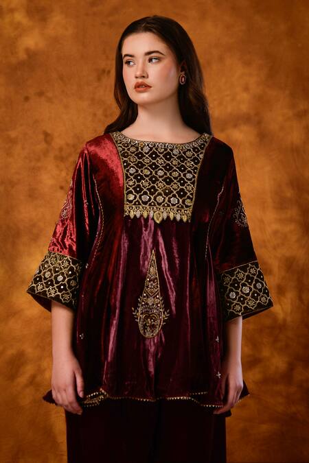 Shop Saahiil Kapoor Maroon Velvet, Organza Embroidery, Sequins, Pakeezah Zardozi Short Anarkali Set Online at Aza Fashions Shop_Saahiil Kapoor_Maroon Velvet, Organza Embroidery, Sequins, Pakeezah Zardozi Short Anarkali Set _Online_at_Aza_Fashions