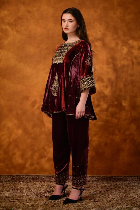 Shop Saahiil Kapoor Maroon Velvet, Organza Embroidery, Sequins, Pakeezah Zardozi Short Anarkali Set Shop_Saahiil Kapoor_Maroon Velvet, Organza Embroidery, Sequins, Pakeezah Zardozi Short Anarkali Set