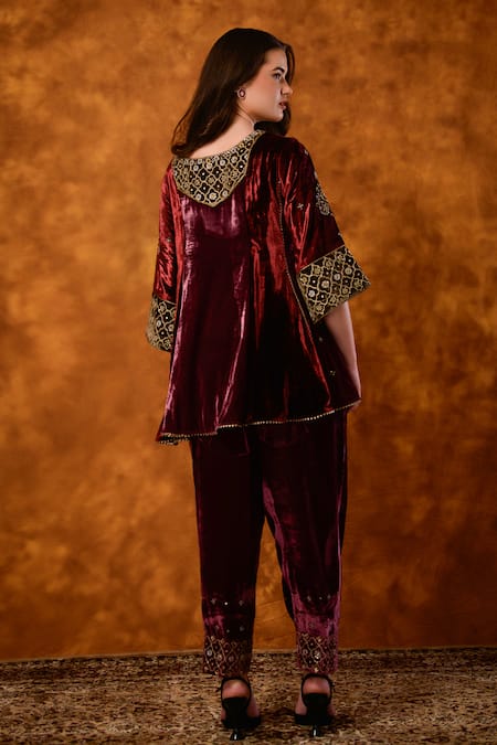 Shop Saahiil Kapoor Maroon Velvet, Organza Embroidery, Sequins, Pakeezah Zardozi Short Anarkali Set at Aza Fashions Shop_Saahiil Kapoor_Maroon Velvet, Organza Embroidery, Sequins, Pakeezah Zardozi Short Anarkali Set _at_Aza_Fashions
