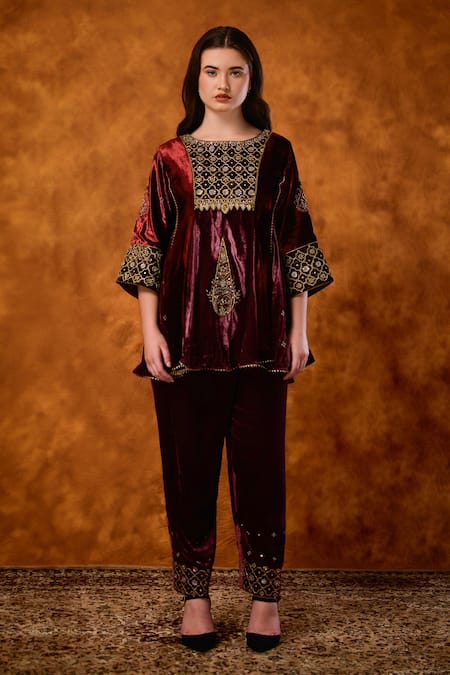 Saahiil Kapoor Maroon Velvet, Organza Embroidery, Sequins, Pakeezah Zardozi Short Anarkali Set