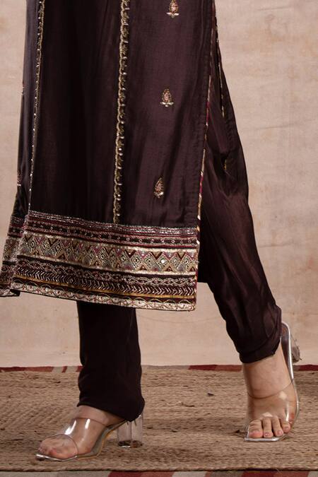 Saahiil Kapoor Brown Tussar, Crepe, Organza Sequins, Beads, Rabia Thread Embroidered Kurta Set Online at Aza Fashions Saahiil Kapoor_Brown Tussar, Crepe, Organza Sequins, Beads, Rabia Thread Embroidered Kurta Set _Online_at_Aza_Fashions