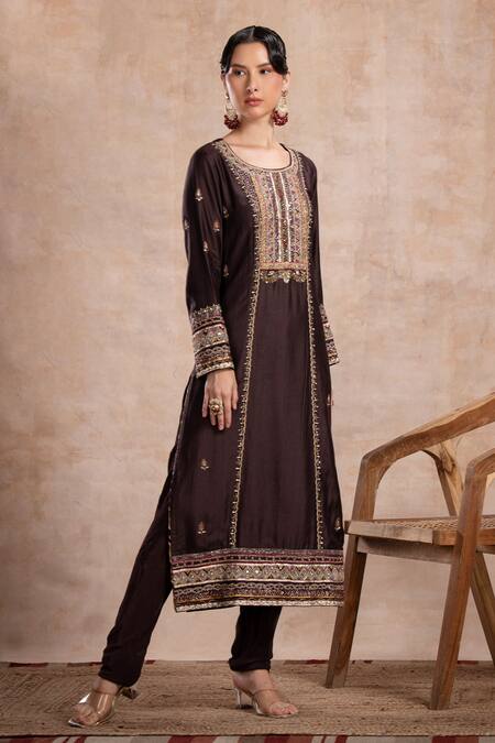 Buy Saahiil Kapoor Brown Tussar, Crepe, Organza Sequins, Beads, Rabia Thread Embroidered Kurta Set Online at Aza Fashions Buy_Saahiil Kapoor_Brown Tussar, Crepe, Organza Sequins, Beads, Rabia Thread Embroidered Kurta Set _Online_at_Aza_Fashions