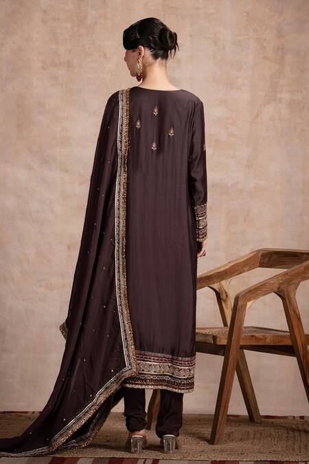 Shop Saahiil Kapoor Brown Tussar, Crepe, Organza Sequins, Beads, Rabia Thread Embroidered Kurta Set at Aza Fashions Shop_Saahiil Kapoor_Brown Tussar, Crepe, Organza Sequins, Beads, Rabia Thread Embroidered Kurta Set _at_Aza_Fashions