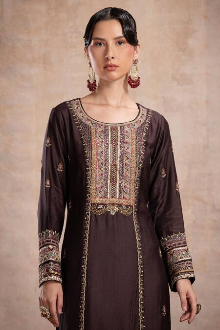 Saahiil Kapoor Brown Tussar, Crepe, Organza Sequins, Beads, Rabia Thread Embroidered Kurta Set at Aza Fashions Saahiil Kapoor_Brown Tussar, Crepe, Organza Sequins, Beads, Rabia Thread Embroidered Kurta Set _at_Aza_Fashions