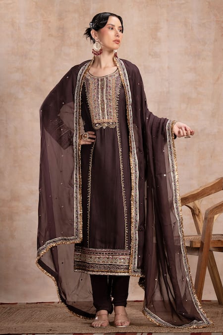 Saahiil Kapoor Brown Tussar, Crepe, Organza Sequins, Beads, Rabia Thread Embroidered Kurta Set
