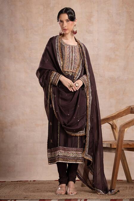 Buy Saahiil Kapoor Brown Tussar, Crepe, Organza Sequins, Beads, Rabia Thread Embroidered Kurta Set Buy_Saahiil Kapoor_Brown Tussar, Crepe, Organza Sequins, Beads, Rabia Thread Embroidered Kurta Set