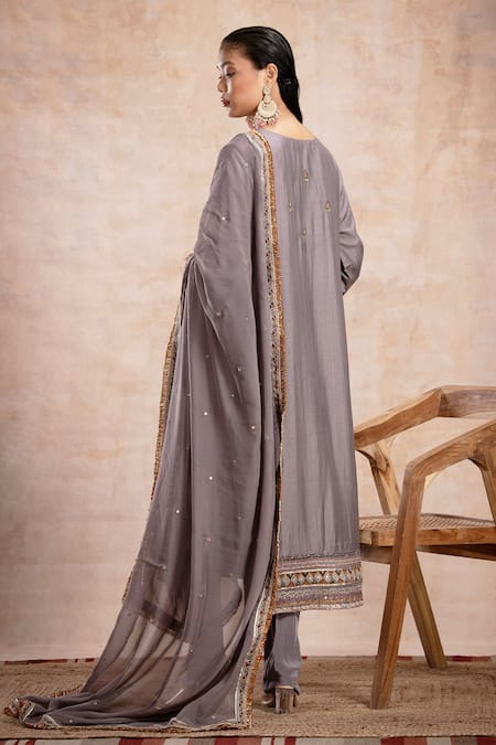 Shop Saahiil Kapoor Grey Tussar, Crepe, Organza Sequins, Beads, Rabia Zardozi Embroidered Kurta Set at Aza Fashions Shop_Saahiil Kapoor_Grey Tussar, Crepe, Organza Sequins, Beads, Rabia Zardozi Embroidered Kurta Set _at_Aza_Fashions