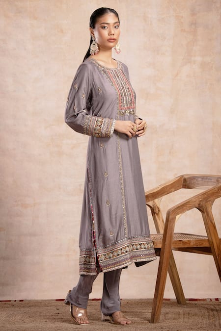 Buy Saahiil Kapoor Grey Tussar, Crepe, Organza Sequins, Beads, Rabia Zardozi Embroidered Kurta Set Online at Aza Fashions Buy_Saahiil Kapoor_Grey Tussar, Crepe, Organza Sequins, Beads, Rabia Zardozi Embroidered Kurta Set _Online_at_Aza_Fashions