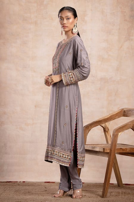 Shop Saahiil Kapoor Grey Tussar, Crepe, Organza Sequins, Beads, Rabia Zardozi Embroidered Kurta Set Online at Aza Fashions Shop_Saahiil Kapoor_Grey Tussar, Crepe, Organza Sequins, Beads, Rabia Zardozi Embroidered Kurta Set _Online_at_Aza_Fashions
