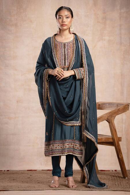 Saahiil Kapoor_Green Tussar, Crepe, Organza Sequins, Zari, Rabia Mirror Embroidered Kurta Set _at_Aza_Fashions