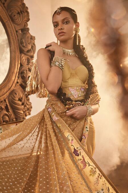 Saahiil Kapoor Gold Organza, Satin Sequins, Sanobar Flower Embroidered Saree With Corset Blouse Online at Aza Fashions Saahiil Kapoor_Gold Organza, Satin Sequins, Sanobar Flower Embroidered Saree With Corset Blouse _Online_at_Aza_Fashions