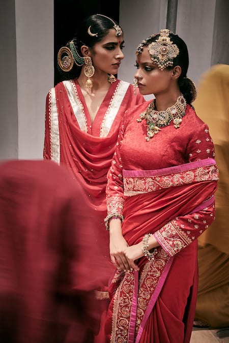 Saahiil Kapoor_Red Mohair, Silk Embroidery, Zari Round Neck Seher Zardozi Saree With Blouse _Online_at_Aza_Fashions