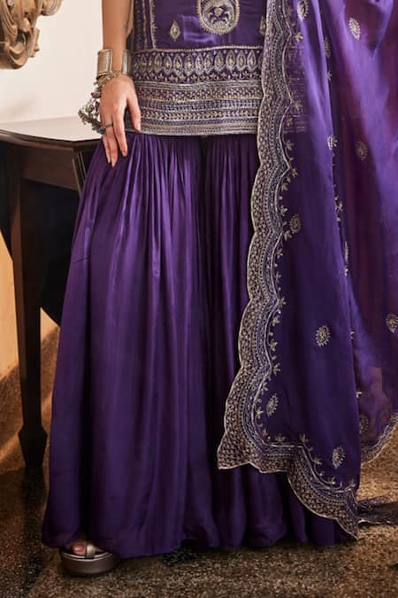 Saahiil Kapoor_Purple Chanderi, Silk, Organza Sequins, Zari Zeba Embroidered Kurta Gharara Set _Online_at_Aza_Fashions
