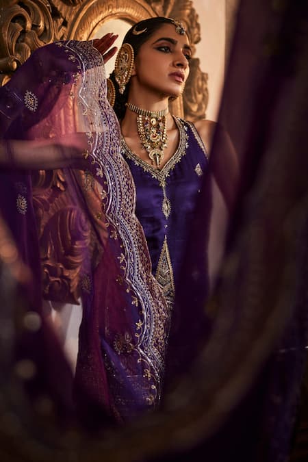Buy_Saahiil Kapoor_Purple Chanderi, Silk, Organza Sequins, Zari Zeba Embroidered Kurta Gharara Set _Online_at_Aza_Fashions