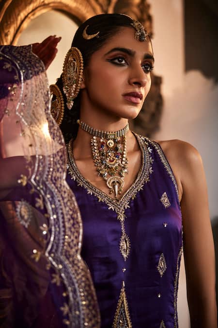 Shop_Saahiil Kapoor_Purple Chanderi, Silk, Organza Sequins, Zari Zeba Embroidered Kurta Gharara Set _Online_at_Aza_Fashions