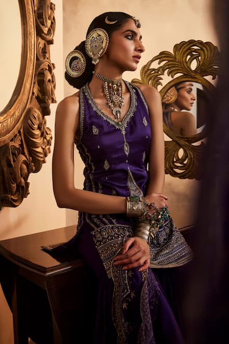 Saahiil Kapoor_Purple Chanderi, Silk, Organza Sequins, Zari Zeba Embroidered Kurta Gharara Set _at_Aza_Fashions