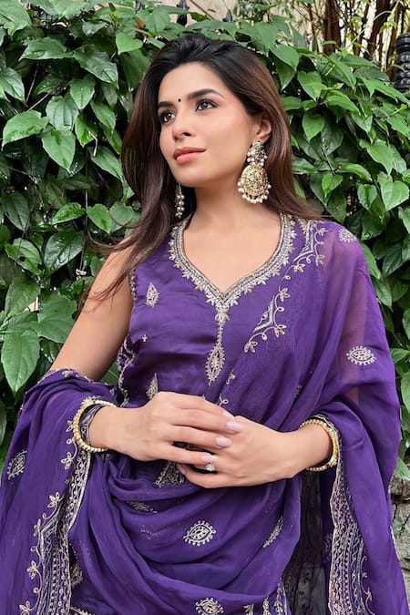 Buy_Saahiil Kapoor_Purple Chanderi, Silk, Organza Sequins, Zari Zeba Embroidered Kurta Gharara Set 
